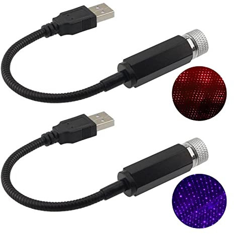 Erthree Mini Star Projection Light, 2 Pcs USB Powered LED Night Light Ceiling Projection Lamp for Car Home Party(Red+Purple)
