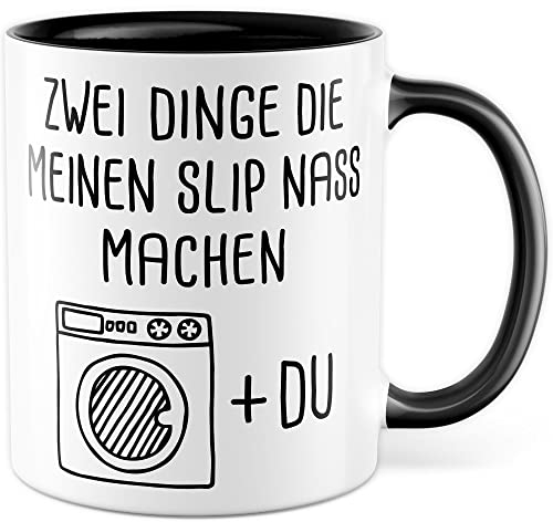 Tasse Beziehung Geschenk, Zwei Dinge die meinen Slip nass machen Geschenkidee Freund Kaffeetasse mit Spruch lustig Ehemann Verlobter Partner Valentinstag Liebe Ehe (Weiß/Schwarz)