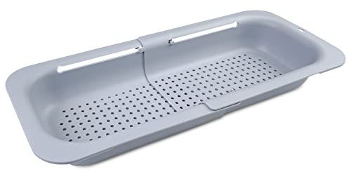 Fousenuk Colador Sobre el Fregadero (36-49cm), Escurridor Fregadero de Cocina, Cesta de Filtro Extensible con Agujeros, Bandeja de Filtro Para Escurrir Pasta Cocida, Lavar Verduras y Frutas (Gris)