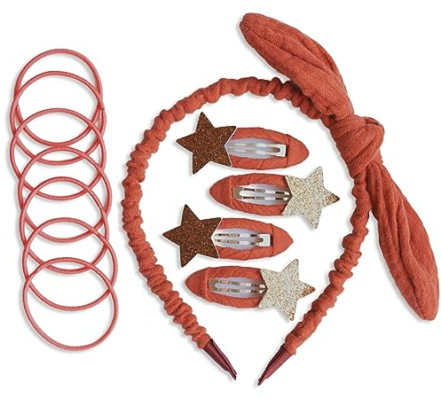 Papierdrachen Besonderes Haar Accessoires Set mit Haarreif, Glitzer-Haarspangen, Haargummis kombiniert mit hochwertigem Musselin Stoff - Rostrot - für Mädchen und Damen