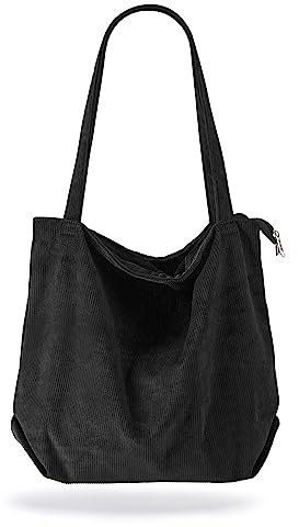 AioTio Borsa Donna Tracolla Grande, Borsa Mare Donna, Borsa Bimba Casual, Tote Bag in Velluto a Coste Ultraleggera per Shopper(Nero II)