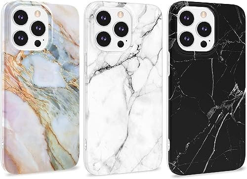 Yiscase 3PCS Marble Case Compatible with iPhone 15 Pro Max Glitter Marble Phone Cover IMD Anti-Yellow Full-Body Protective TPU Case - Black White Purple White