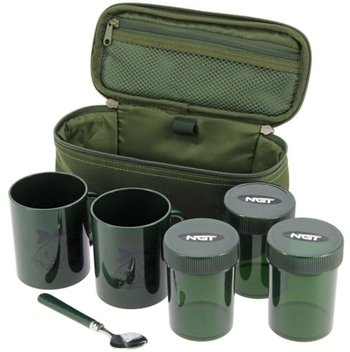 NGT Bank Side Brew KIT 2 Cups 3 POTS Tea Spoon CASE CARP Fishing Tackle Camping