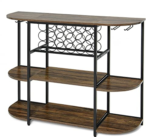 GYMAX Portabottiglie di Vino a 3 Livelli per 18 Bottiglie e 8 Bicchieri, Tavolo Portabicchieri, Tavolino da Vino, Mobile Bar, Vintage per Cucina, Soggiorno e Sala da Pranzo, 120 x 40 x 91 cm (MARRONE)