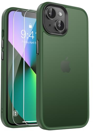 Kmofizle Funda para iPhone 13 / iPhone 14 con 2 Piezas Protector de Pantalla Cristal Templado, Protección contra Caídas Grado Militar Antigolpes, Fina Carcasa Translúcida Mate Trasera, Verde