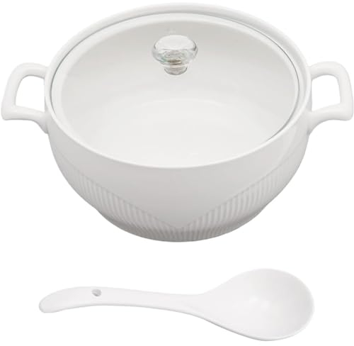 ZGFOZJGC Zuppiera in Ceramica Zuppiera Rotonda in Porcellana con Coperchio in Vetro e Cucchiaio Zuppiera Bianca con Doppio Orecchio per Cucina e Ristorante