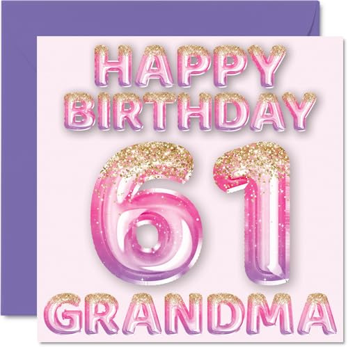61st Birthday Card for Grandma, Pink & Purple Glitter Balloons | Happy Birthday Cards for 61 Year Old Grandma from Grandson Granddaughter, 145mm Bday Greeting Cards Gift