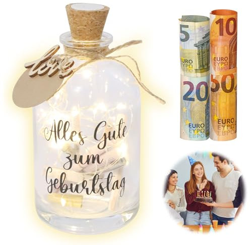 DAWRIS Geburtstag LED Flaschenlicht mit Spruch Personalisiert Geldgeschenke Geldgeschenk Geburtstag Verpackung Geldgeschenkgeburtstag Leuchtflasche Geld Geschenk Geschenke, Alles Gute Zum Geburtstag