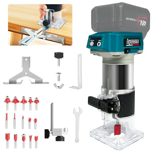 Cordless Wood Router Trimmer for Makita 18V Battery, 6 Variable Speeds Wood Trimmer Set 800W - 30000 RPM Brushless Motor Hand Palm Router with 15pcs 1/4 Shank Router Bits for Woodworking(NO Battery)