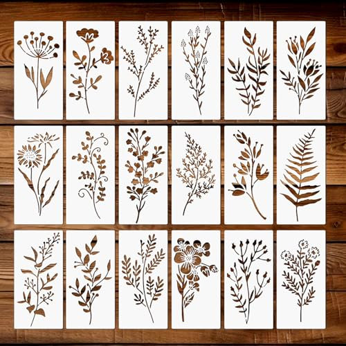 HJZHII 18 Stück Blatt Schablonen, Wiederverwendbare Malvorlagen (15,5x8 cm) für Blumen Blätter Naturmotive DIY Zeichenschablonen Set Kunststoff Durchscheinend für Scrapbooking Wanddekoration Holz
