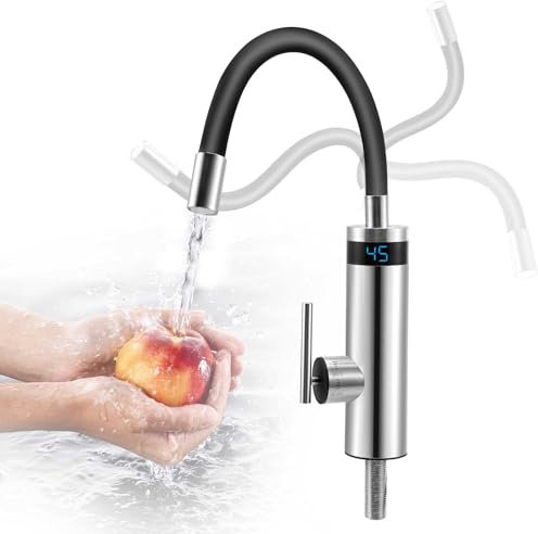 Elektrische Wasserhahn mit Durchlauferhitzer Küche, 3000W Elektrischer Wasserhähne mit Flexibler Auslauf und LCD Temperaturanzeige, 360º Drehung Silikonschlauchhahn, 304 Edelstahlgehäuse Wasserhahn