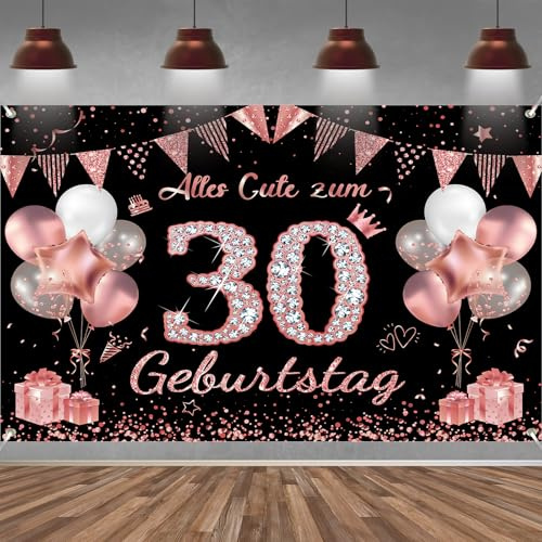 30. Geburtstag Banner Frauen Deko Roségold Schwarz 30 Geburtstag Hintergrund Banner, Extra Große Stoff Schild Poster für 30. Geburtstagsparty Deko, 210x150 cm