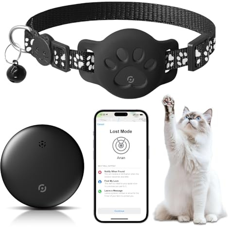Katzentracker GPS für Katzen & kleine Haustiere mit Halterung, kein ABO, kompatibel mit Apple AirTag Find My (iOS), IP68 wasserdicht, Anti-Verlust Tracker für Haustiere & Gepäck, schwarz