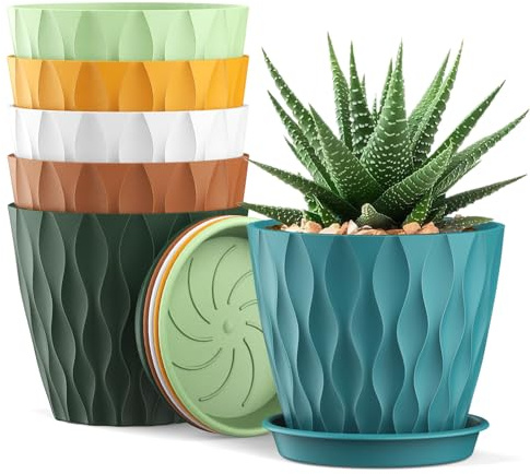 Homeuouz 6er Blumentopf Set 12cm – Hochwertige Plastik-Blumentöpfe im Waffelmuster mit Untersetzer und Drainagelöchern, Zimmerpflanzen und Balkonpflanzen, langlebig und pflegeleicht, Bunt