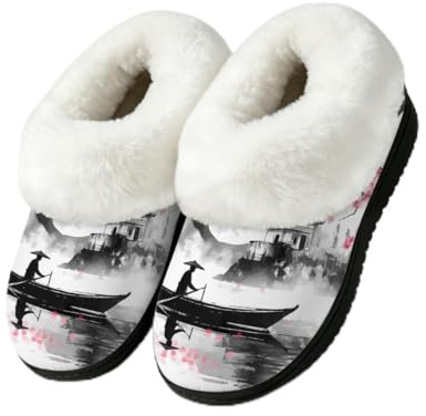 Pantuflas de pintura japonesa para interiores y exteriores, zapatos de casa | Mujeres y hombres, esponjosas, cálidas, cómodas y mullidas