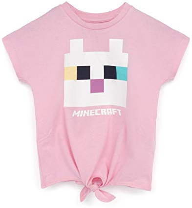 Minecraft T Shirt for Girls | Kids Kitty Front Character Tie Pink Gamer Tee | Childrens Clothing Gaming Merchandise Gifts