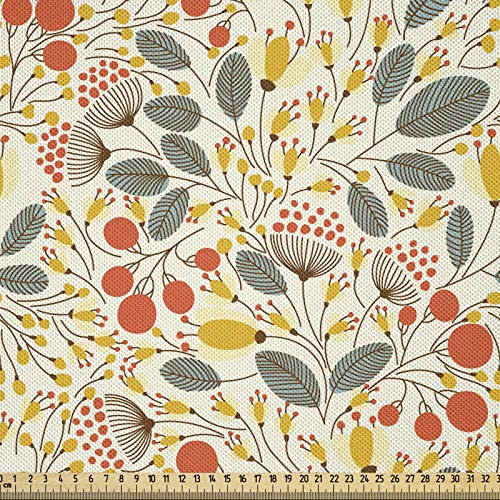 ABAKUHAUS Blumen Satin Stoff als Meterware, Hand gezeichnete Art Wachstum, Zum Nähen Toller Stoff für Heimtextilien Aller Art, 3M (148x300cm), Senf Orange