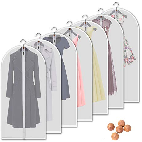 VOSIGREEN Hanging Garment Bags 7 Piece Set - 60 Inch Translucent Dust Proof Clothes Bag White Breathable Full Zipper Dust Cover for Suit Dance Costumes Gown Dress.