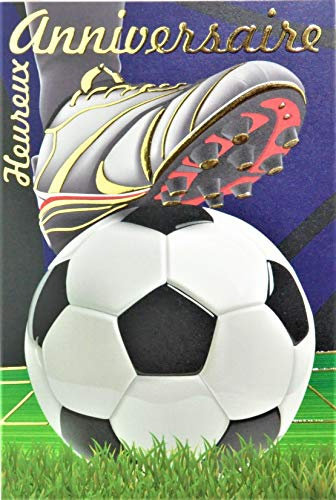 Glückwunschkarte zum Geburtstag, goldfarben, Fußball, Fußball, Fußball, Fußball, Stollen, Ballon, rund, Rasen, Terrain Stade, Party, hergestellt in Frankreich