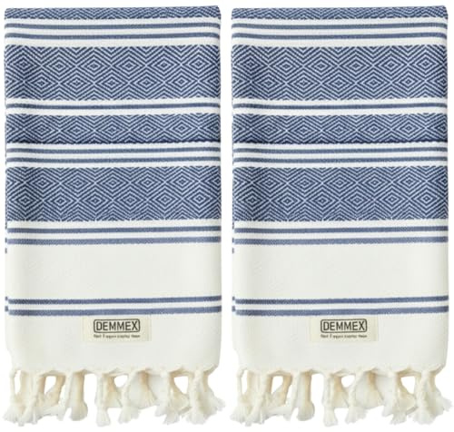 DEMMEX Bio-Türkische Baumwoll-Handtücher im 2er-Set, Schnell Trocknend, Weiches Diamantgewebe, Saugfähig & Vorgewaschen, Oeko-TEX Bad- & Küchentücher 45x90 cm (Marineblau)