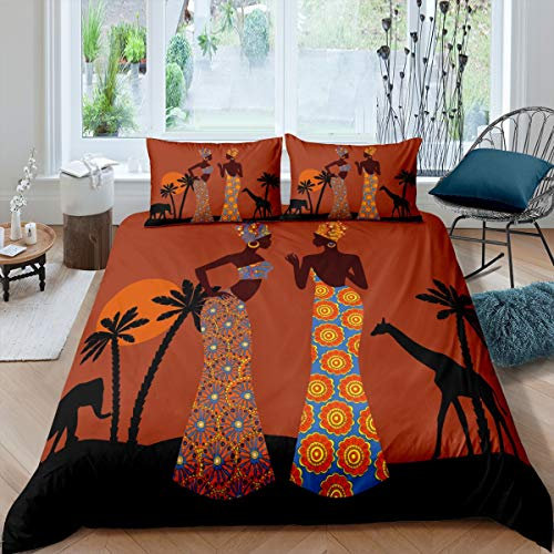 African Woman Themed Duvet Cover Brown African Pattern King Bedding Set Ethnic Afro Giraffe Comforter Cover for Women Adults Room Decor Black Palm Tree Print Bedspread Cover With 2 Pillow Case