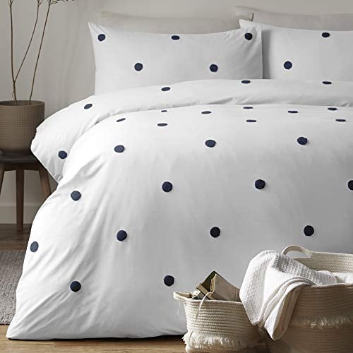 Appletree Single Duvet Cover Set – White with Navy Polka Dots – 100% Cotton Bedding – 140 x 200cm – Includes 1 Pillowcase – Soft, Breathable White & Navy Spotty Bed Linen