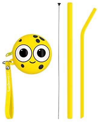Sweet Dreamers, ECO Friendly Bendies Reusable Silicone Kids Straws in Fun Character Pouch with Cleaning Tool - Yellow Sylvester Sponge
