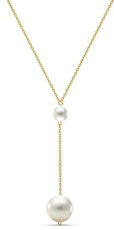 Miore Schmuck Damen Halskette mit Kettenanhänger 2 runde weiße Süßwasserperlen 8.5 mm Kette aus Gelbgold 14 Karat / 585 Gold, Länge Einstellbar 42-45cm