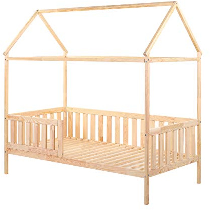 CLAMARO Blox Kinder-Hausbett mit Dach, Rausfallschutz, 160x80 cm, Kiefer