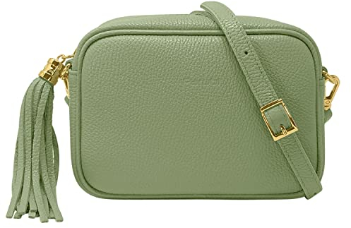 Parubi, Borsa Donna a Tracolla, In Vera Pelle Grana Dollaro, Made in Italy, Modello Anastasia, Borsetta Piccola con Frange Pochette a Tracolla Clutch Da Donna Ragazza Elegante, Verde Salvia