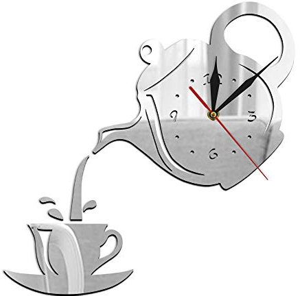 yuandd DIY Teapot and Cup Design Acrylic Mirror Modern Wall Clock Tea Kettle Shaped Hanging Clock Watch Kitchen Clock Jug With A Cup-Silver