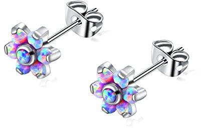 Titan Opal Labret Flower Stud Ohrringe für Frauen Mädchen, hypoallergen Birthstone Opal Ohrringe für empfindliche Ohren – Knorpellappen Ohrringe Schmuck