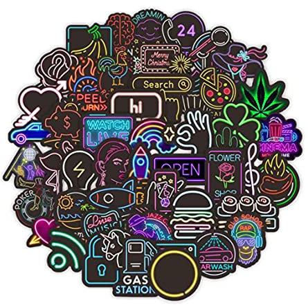 KOMUNJ 50Pcs Neon Light Stickers, Waterproof Vinyl Stickers for Laptops, Skateboards, Luggage, Cars, Bikes, Outdoor Use, Various Neon Colors