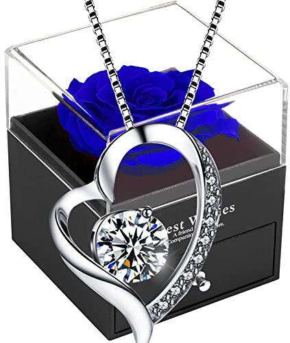 Rose eternelle avec bijoux, Collier avec Fleur artificielle Bleu, Pendentif coeur,chaine argent 925 femme,cadeau pour elle, Cadeau Pour la Noël, La Saint-Valentin , Fête des mères,Anniversaire