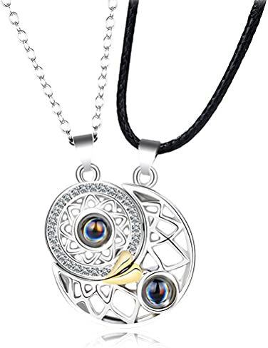 Tixiyu Magnetic Necklaces, Sun & Moon 100 Languages I You Projection Couples Necklace, Matching Necklace for Couples Moon and Sun, Magnetic Heart Necklace,Best Friend Necklaces for 2