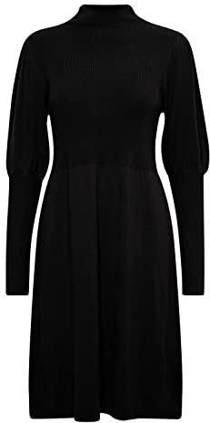 fransa FRDEDINA Damen Strickkleid Feinstrickkleid knieumspieltes Kleid mit Stehkragen und Puffärmeln, Größe:XS, Farbe:Black (200113)