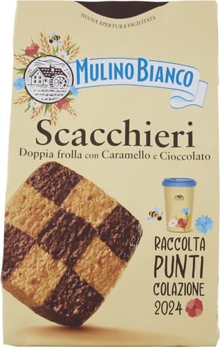 Mulino Bianco Biscotti Frollini Scacchieri con Doppia Frolla al Cioccolato e al Caramello, Ideali per Colazione o come Dolcetto, Senza Olio di Palma, 300 g