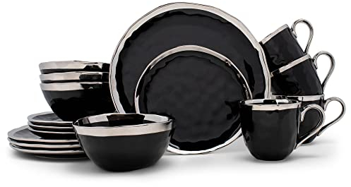 Elanze Designs 16-Piece Metallic Bubble Porcelain Ceramic Plates Bowls Mugs Dinnerware Set - Service for 4, Black With Silver Accents