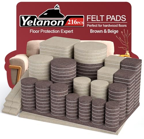 Yelanon Filzgleiter selbstklebend 216 Stück, Schneidbarer Filz für,Kratzfeste Möbelgleiter für Stühlemöbelgleiter,Möbelgleiter,Chair Leg Floor Protectors, beige und braun