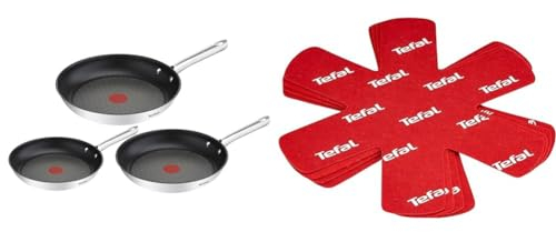 Tefal Duetto Juego de 3 Sartenes: 3 Sartenes de 20/24/28 cm de acero inoxidable, sartenes antiadherentes + Protector de Ollas y Sartenes K22030 Pack de 4 unidades, previene de arañazos