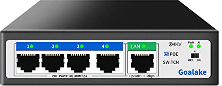 Goalake Unmanaged PoE+ Switch 5 Port (4×PoE+ 802.3af/at, 1×Uplink) – 52W Gesamtleistung, 100Mbps, AI Extended 250m – Ideal für IP-Kamera, Access Point – Desktop/Wandmontage Plug & Play