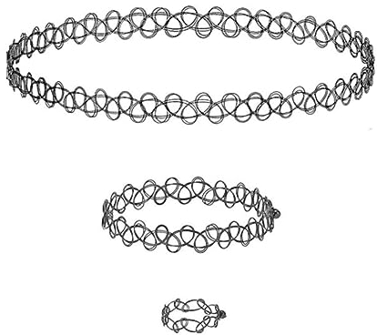 6Sets Stretchhalsbänder, Stretch-Tattoo-Halskette, Tattoo-Halsband, modische Vintage-Kette, Tattoo-Hohlgewebe-Schmuckset, Halskettenschmuck für Mädchen (Schwarz)