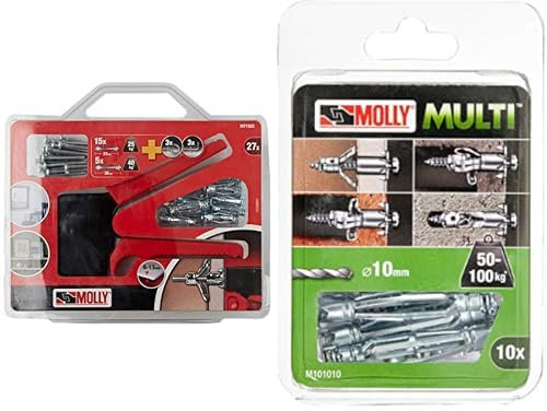 Molly Kit de 20 Chevilles de fixation - 10 Chevilles 4 x 33mm et 10 Chevilles 5 x 36mm + Pince de pose, Gris, Set de 27 pièces & Molly Multi Chevilles métal avec vis agglo, Gris, Set de 10 Pièces