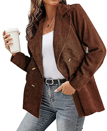 XUSAI Leichter Cord-Blazer für Damen, einfarbig, übergroßer Boyfriend-Anzug, Shacket-Jacke,Braun,S