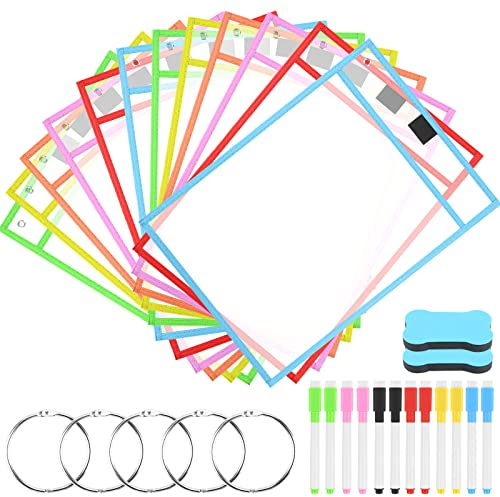 12 pcs Reusable Dry Erase Pockets, 31pcs Dry Erase Pockets Set, Clear Easy-Load Sleeves for Classrooms, Home & Work Fit's A4 Paper, Heavy Duty Paper Holders, with 12xErase Pens, 2X Eraser, 5xKey Ring
