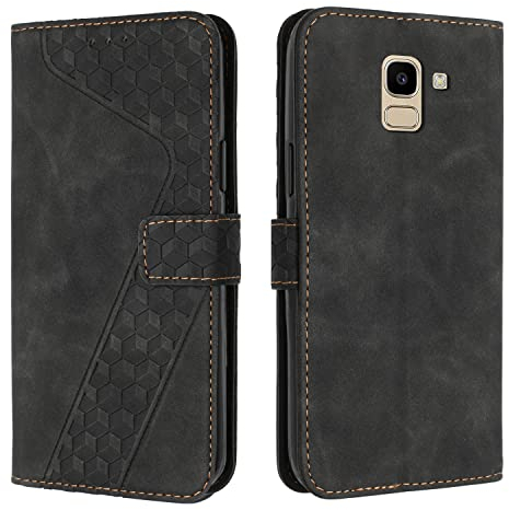 OKZone Kompatibel mit Samsung Galaxy J6 2018 Hülle, Handyhülle Samsung J6 2018, PU Leder Tasche Wallet Schutzhülle Galaxy J6 2018, Flip Cover Klappbar Etui mit Magnet Kartenfach Lederhülle (Schwarz)