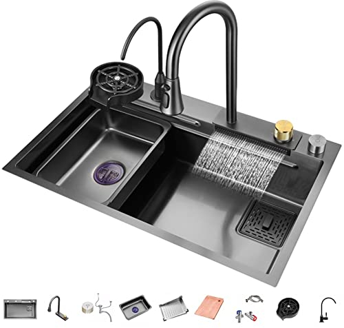 Lavello da Cucina A Vasca 304 in Acciaio Inossidabile Singolo Lavandino A Cascata Bar Multifunzione Fatto A Mano con Rubinetto Estraibile E Componenti di Drenaggio (Color : Black-c
