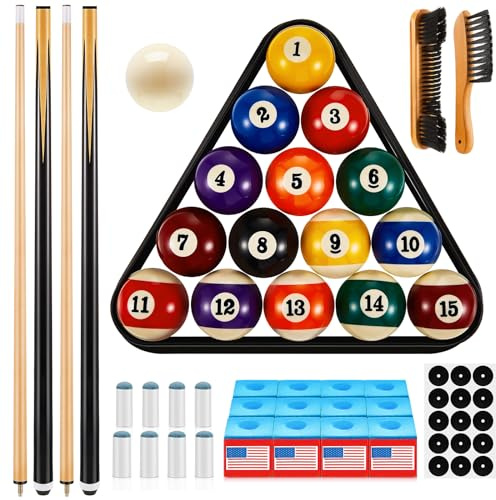 Outus 71 Pcs Premium Pool & Billiard Table Accessories Set – Pool Balls, Cue Sticks with Tips, Triangle Rack, Chalks, Brush Spot Stickers for Home Family & Beginner Practice(Standard Style Balls)