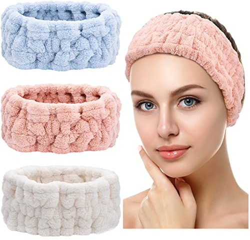 3 Stück Spa Gesicht Stirnbänder für Make Up und Waschen Gesicht Frottee Kosmetik Haarbänder Yoga Sport Elastisch Schminken Stirnband für Mädchen Damen (Blau, Rosa, Weiß)