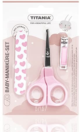 TITANIA Baby Maniküre Set (3-tlg.) • Baby Nagelschere, Baby Nagelknipser & Baby Nagelfeile • Baby Ausstattung • Baby Nagelpflegeset • Pflegeset für Kleinkinder • Babypflege-Set Pink